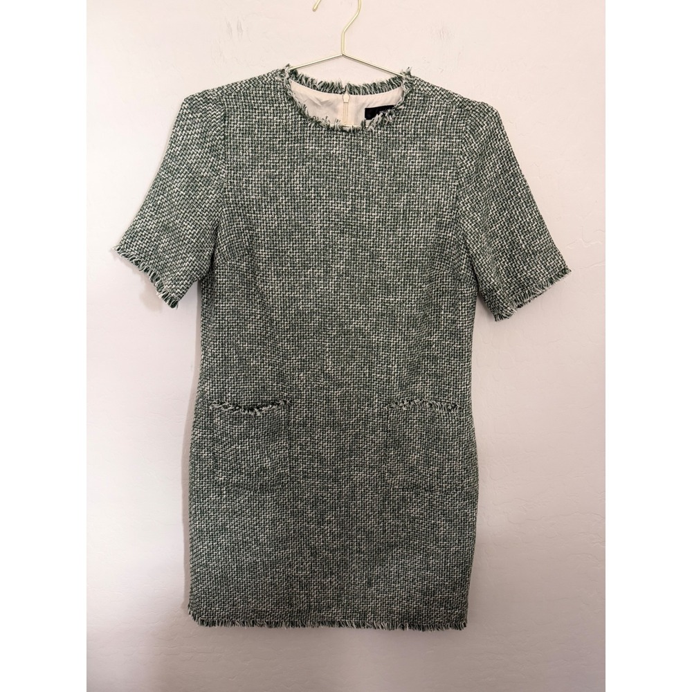 Hallhuber Green Tweed Frayed Shift Dress Size 6 Short Sleeve Boucle Metallic